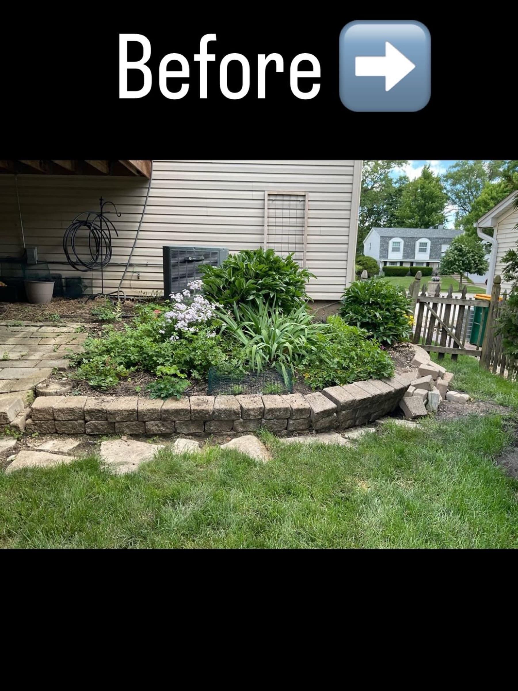 Front planting bed before: sparse planting and tired stone edging