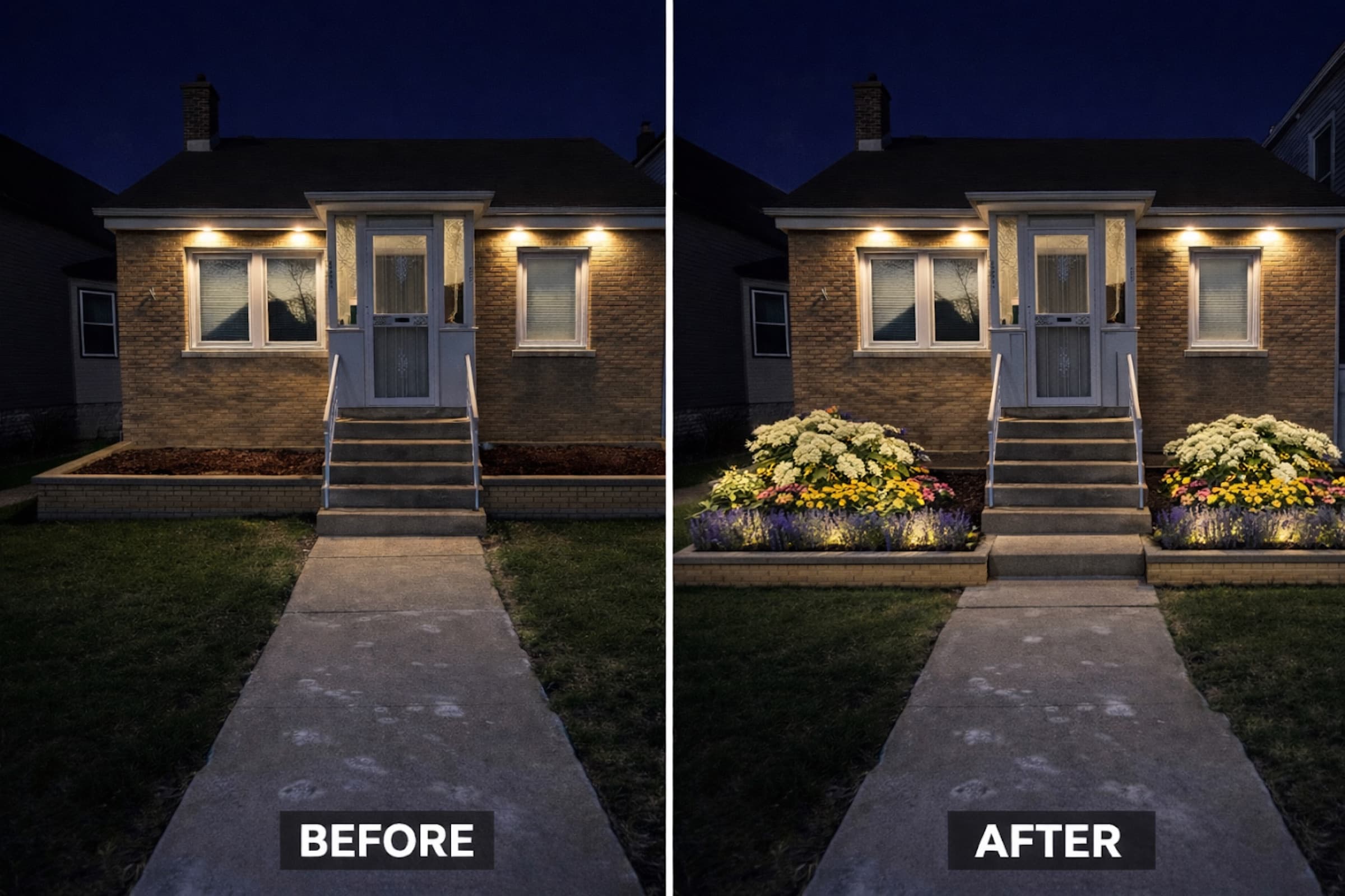 Before and after at night: bare front beds, then the same beds planted out and picked up by landscape uplighting