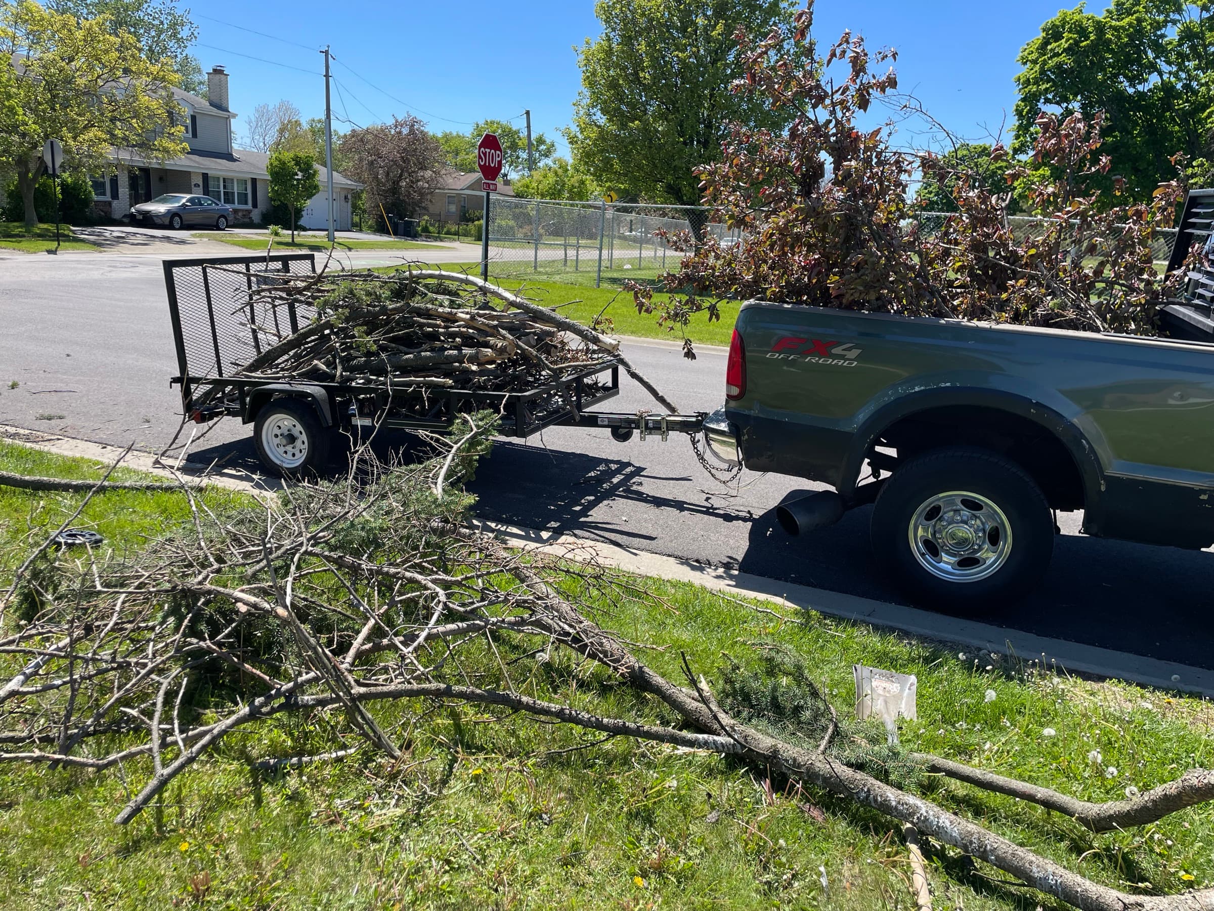 Trailer loaded with cut brush after a trimming job, parkway cleared behind it
